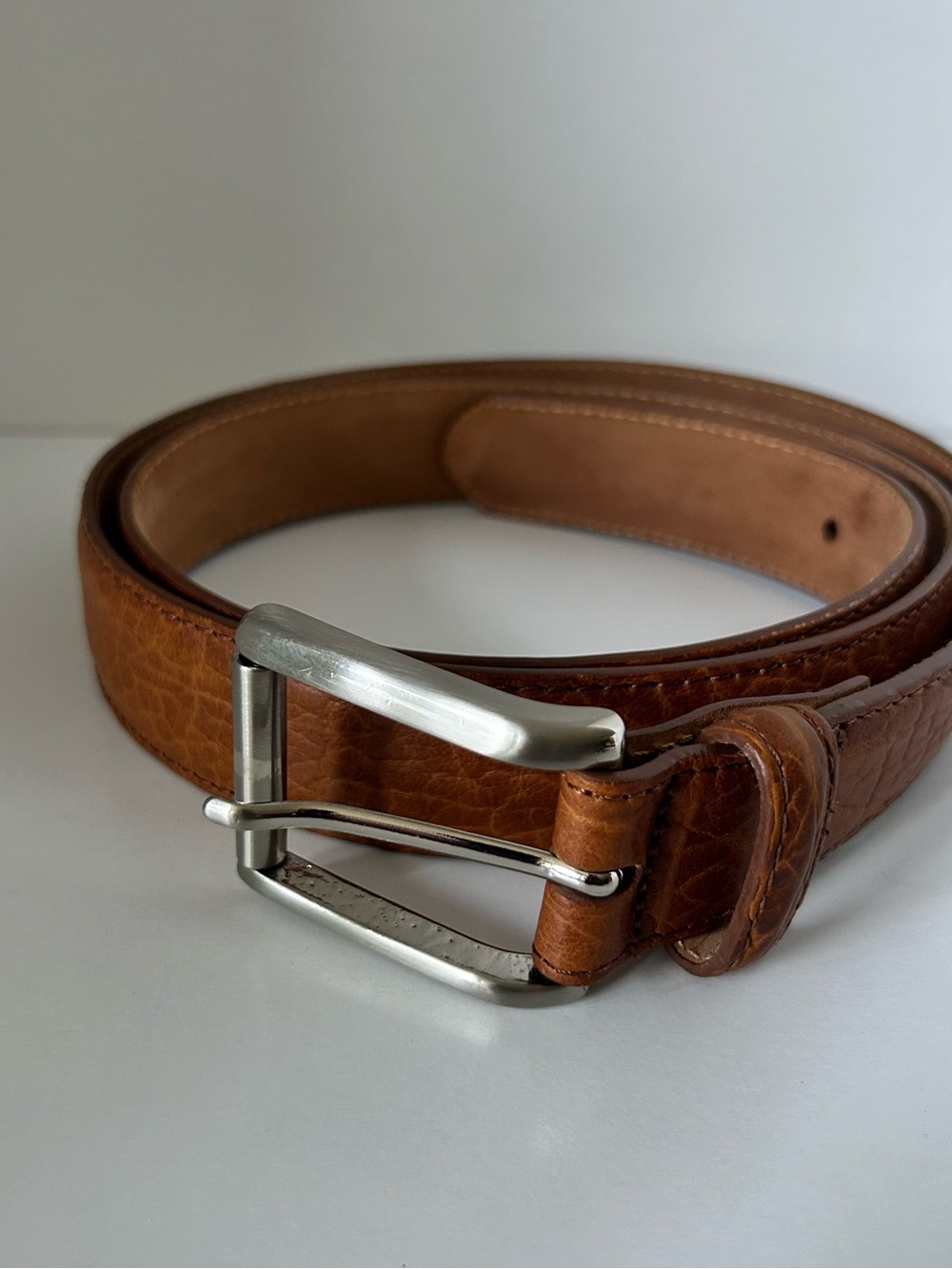 Peter Millar Tan American Bison Leather Belt with Silver Buckle